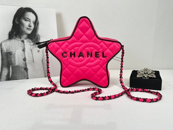 Chanel 24C Fuchsia Satin Walk of Fame Star Bag with Black Lacquered Hardware.
