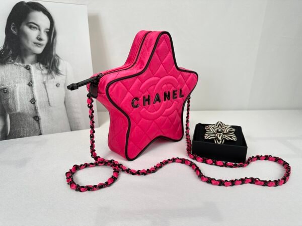 Chanel 24C Fuchsia Satin Walk of Fame Star Bag with Black Lacquered Hardware.