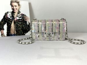 Chanel 24C Mini Classic Flap Bag Embroidered Satin, Pink and Yellow Sequins with Silver Hardware.
