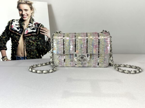 Chanel 24C Mini Classic Flap Bag Embroidered Satin, Pink and Yellow Sequins with Silver Hardware.