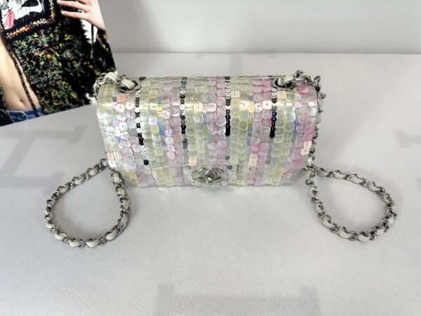 Chanel 24C Mini Classic Flap Bag Embroidered Satin, Pink and Yellow Sequins with Silver Hardware.