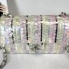 Chanel 24C Mini Classic Flap Bag Embroidered Satin, Pink and Yellow Sequins with Silver Hardware.