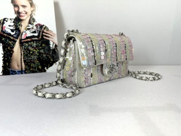 Chanel 24C Mini Classic Flap Bag Embroidered Satin, Pink and Yellow Sequins with Silver Hardware.