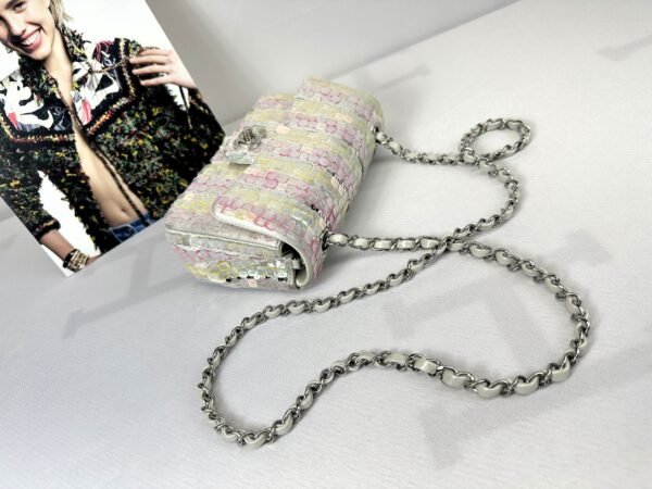 Chanel 24C Mini Classic Flap Bag Embroidered Satin, Pink and Yellow Sequins with Silver Hardware.