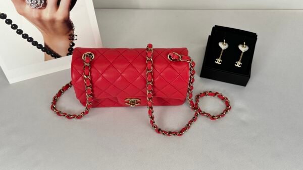 Chanel 24S Dark Red Lambskin  Rectangular Mini with Champagne Gold Hardware.