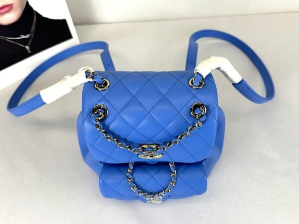 Chanel 24P Blue Duma Backpack Mini Size with Champagne Gold Hardware.