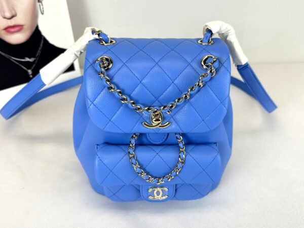 Chanel 24P Blue Duma Backpack Mini Size with Champagne Gold Hardware.