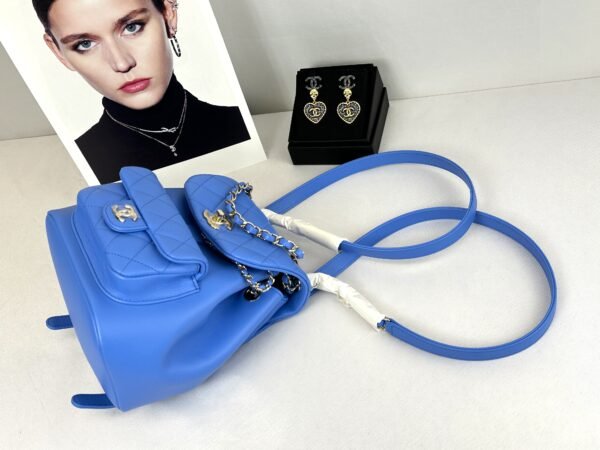 Chanel 24P Blue Duma Backpack Mini Size with Champagne Gold Hardware.