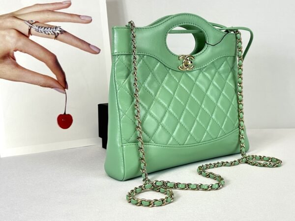 Chanel 24S Green Shiny Lambskin Mini 31 Bag with Champagne Gold Hardware.
