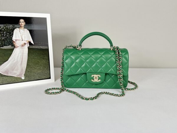 Chanel 24A Green Lambskin Top Handle Mini with Champagne Gold Hardware.