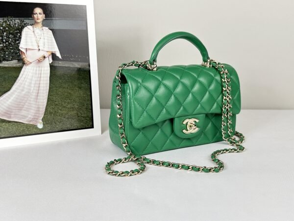 Chanel 24A Green Lambskin Top Handle Mini with Champagne Gold Hardware.