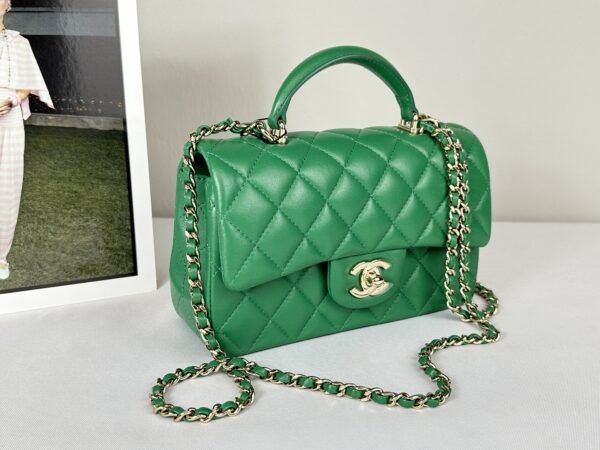 Chanel 24A Green Lambskin Top Handle Mini with Champagne Gold Hardware.
