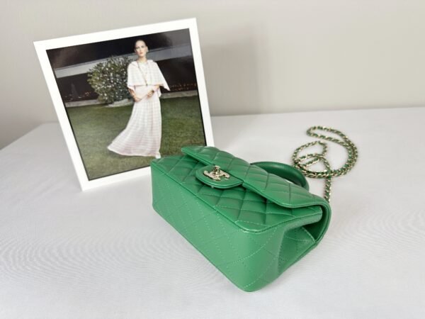 Chanel 24A Green Lambskin Top Handle Mini with Champagne Gold Hardware.
