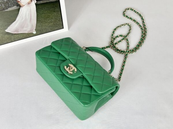 Chanel 24A Green Lambskin Top Handle Mini with Champagne Gold Hardware.