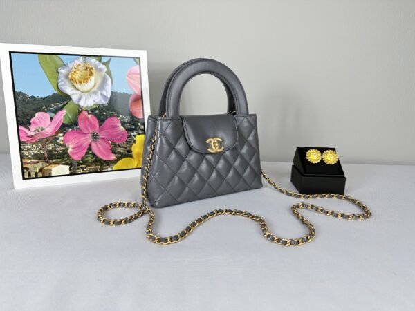 Chanel 24A Dark Grey Shiny Calfskin Mini Kelly.