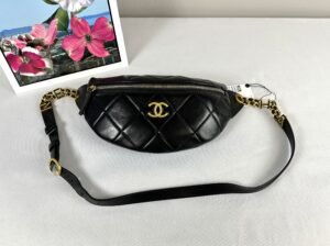 Chanel 24S Black Lambskin Chanel Chain Waist Bag