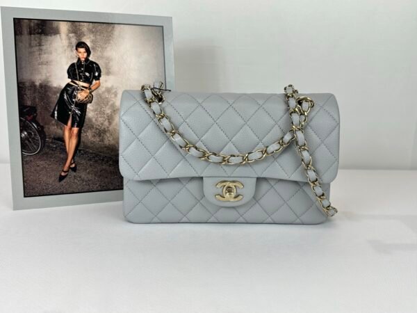 chanel 23B Grey Caviar Small Classic Flap with Champagne Gold Hardware.