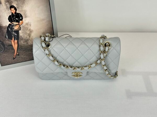 chanel 23B Grey Caviar Small Classic Flap with Champagne Gold Hardware.