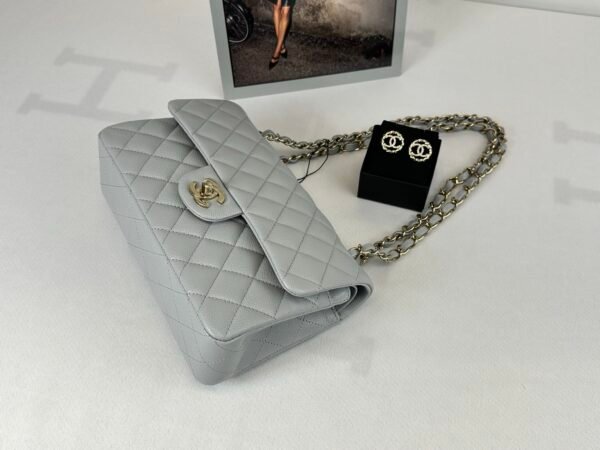 chanel 23B Grey Caviar Small Classic Flap with Champagne Gold Hardware.