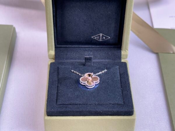 VCA 2024 Holiday Pendant. Rose Gold Guilloche Vintage Alhambra with Diamond. White Gold Chain.