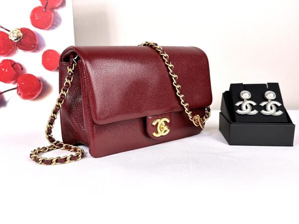 Chanel 24K Burgundy Caviar Flap Bag with Matte Gold Hardware
