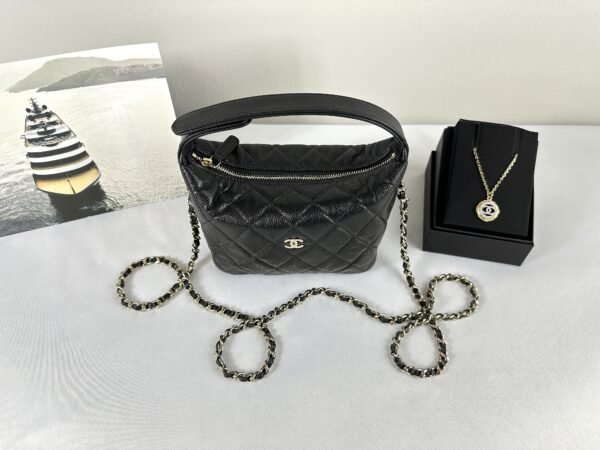 Chanel 25C Black Caviar Hobo Clutch on Chain with Light Gold Hardware