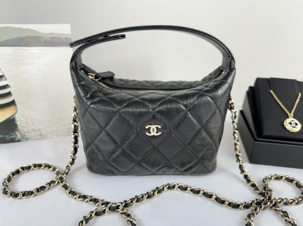 Chanel 25C Black Caviar Hobo Clutch on Chain with Light Gold Hardware