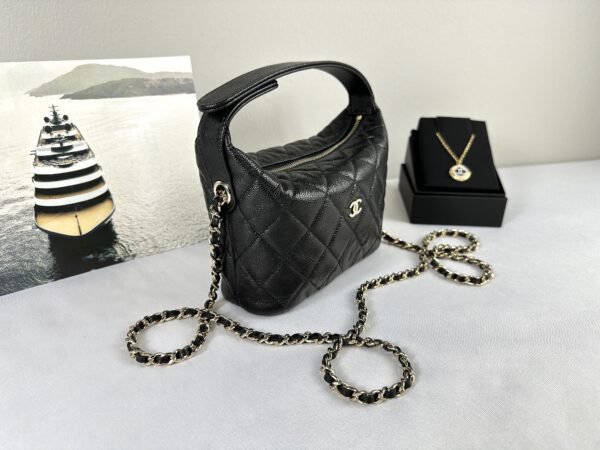 Chanel 25C Black Caviar Hobo Clutch on Chain with Light Gold Hardware