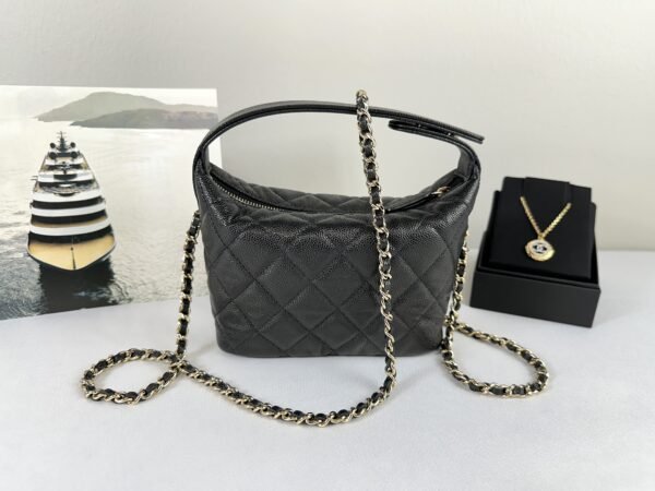 Chanel 25C Black Caviar Hobo Clutch on Chain with Light Gold Hardware
