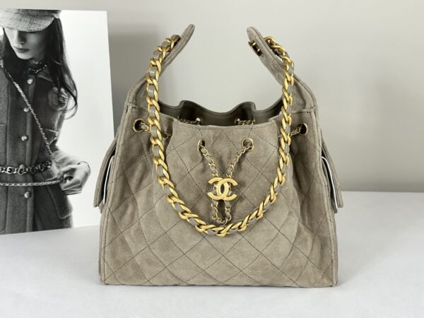 Chanel 25C Grey Suede Small Maxi Pockets Hobo Bag