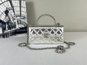 Chanel 25S Silver Calfskin Kelly Clutch with Chain