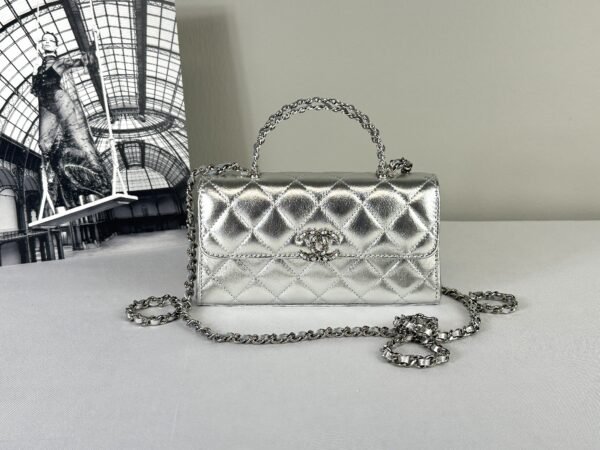 Chanel 25S Silver Calfskin Kelly Clutch with Chain