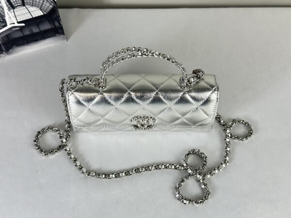 Chanel 25S Silver Calfskin Kelly Clutch with Chain