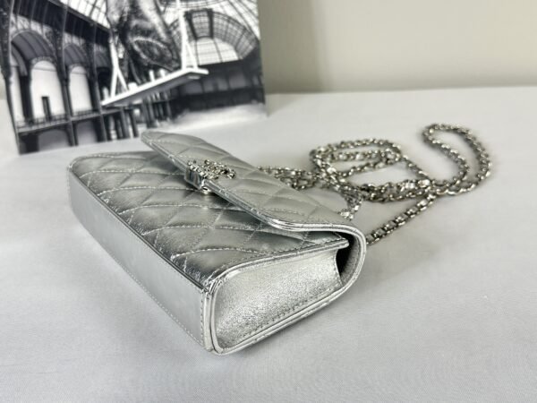 Chanel 25S Silver Calfskin Kelly Clutch with Chain