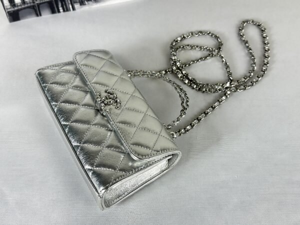 Chanel 25S Silver Calfskin Kelly Clutch with Chain