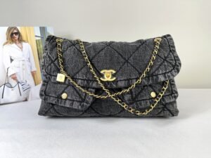 Chanel 25K Black Denim Maxi Hobo Bag